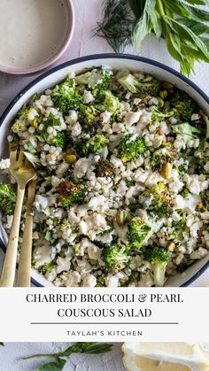 broccoli and pearl couscous salad in a bowl