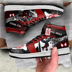 Miles Morales Spider-Verse J1 Shoes Custom Sneakers For Fans PT21All of our JD Sneakers styles are custom-made-to-order and handcrafted to the highest quality standards. High-quality rubber sole for traction and exceptional durability. Lace-up closure for a snug fit. Material: Microfibre leather: chemical & abrasion resistance, anti-crease, aging resistance Eco-friendly and 100% Vegan. Please allow 10-15 business days to receive a tracking number while your order is hand-crafted, packaged and shipped from our facility. Spiderman Shoes Diy, Custom High-top Sneakers With Branded Insole, Customizable High-top Sports Sneakers, Customizable High-top Sneakers For Sports, High-top Sneakers With Red Sole And Round Toe, Custom Black Sneakers With Rubber Sole, Custom Low-top Sneakers With Red Sole, Black Custom Sneakers With Round Toe, Custom Black Sneakers With Round Toe