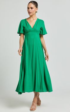 Dakota Midi Dress - Linen Look Flutter Sleeve A Line Dress in Green Elegant A-line Maxi Dress In Rayon, Fitted A-line Rayon Dress, Relaxed Fit V-neck Dress With Ruffles, Flowy A-line Midi Dress In Viscose, Modern A-line Maxi Dress For Spring, Chic A-line Viscose Maxi Dress, Flattering A-line Spring Maxi Dress, Casual A-line Dress With Pleated Bodice, Modern V-neck Spring Dresses