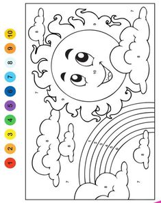 a coloring page with an image of a sun and rainbows in the sky, which is