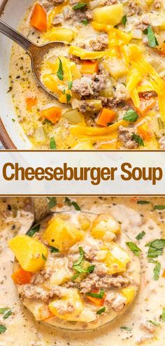 two pictures showing different types of cheeseburger soup