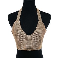 Material: Polyester Tops Type: Tank Tops Gender: Women Pattern Type: Patchwork Decoration: Hollow Out Clothing Length: Short Item Type: Tops Style: Sexy & Club Fabric Type: Broadcloth Gold Stretch Crop Top For Summer, Gold Stretch Crop Top, Glamorous V-neck Summer Crop Top, Glamorous V-neck Crop Top For Summer, Stretch V-neck Crop Top For Club, Gold V-neck Tank Top For Party, Stretch Low-cut Party Tops, Rhinestone Tank Top, Velvet Cami Top