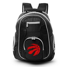 This laptop backpack is built with water resistant ballistic nylon. There are two main compartments - one padded compartment that holds a 19in laptop, the other has enough room to store your books, binders, files and folders and also contains pen loops and cardholders. This backpack also has a Spine Saver shoulder pad shock absorber and a back airflow system and a back strap that enables the backpack to slip over the handle of your wheeled luggage. Gender: unisex. Age Group: adult. Pattern: Team Black Backpack For Sports Events, Functional Nylon College Bags, Functional Nylon Bags For College, Colored Trim, Sweet Bags, Premium Colors, Toronto Raptors, Oklahoma City Thunder, Osprey Backpack