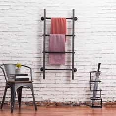 Gray Wood & Industrial Metal Pipe Wall Mounted Towel Ladder Rack - MyGift Hanging Ladder, Wood Storage Shelves, Towel Ladder, Quilt Rack, Wood Ladder, Ladder Rack, Towel Holder Bathroom, Blanket Ladder, Industrial Pipe