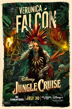 the poster for disney's jungle cruise featuring an image of a woman with feathers on her head