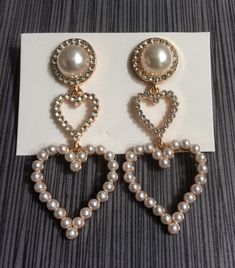 "Brand new beautifully designed dangle/drop women's pierced stud earrings, made with crystals & pearls. handmade to perfection and ready to be cherished & enjoyed. 2 3/4\" length, 1 1/8 width. please check-out our etsy store, as many more unique items are awaiting your viewing there." Elegant Earrings For Valentine's Day Party, Elegant Party Earrings For Valentine's Day, White Metal Earrings For Valentine's Day, Silver Pearl Earrings For Valentine's Day, Metal Crystal Earrings For Valentine's Day Gift, Valentine's Day White Metal Earrings, Pearl Charm Dangle Chandelier Earrings For Party, Crystal Heart Beads Jewelry For Party, Heart-shaped Pearl Party Earrings