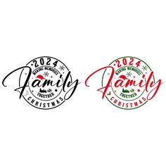 two christmas stamps with the words family and merry lettering on them in red, green and black