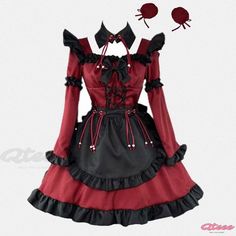 Qteee - Gothic Lolita Cosplay Maid Dress with Devil-inspired Design Red Harajuku Dress For Halloween, Red Harajuku Style Dress For Halloween, Red Harajuku Style Dress For Costume Party, Harajuku Style Red Dress For Costume Party, Gothic Cosplay Costume With Ruffles, Gothic Ruffled Cosplay Costume, Gothic Ruffled Costume For Cosplay, Black Cosplay Costume With Ruffles, Ruffled Cosplay Costume For Cosplay Events