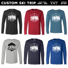 "Custom Ski Trip Long Sleeve Shirts. Snow Skiing Trip Shirts for 2021. Add your Family's name to this Snowboarding and snow skiing trip shirt graphic and order one for every family member in their favorite colors. Great for Mountain Vacations and Snowboarders. We can also customize the 1-color of print upon request. *Some Color Options are not available **TRI-BLEND COLOR REQUESTS will be $3 more per shirt and DO NOT print as well** Premium BELLA + CANVAS brand - Unisex Jersey Long Sleeve Tee - 3 Winter Long Sleeve T-shirt For Outdoor Activities, Winter Outdoor Long Sleeve T-shirt, White T-shirt For Outdoor Winter Activities, Long Sleeve Tops For Ski Season And Winter Sports, Long Sleeve Tops For Ski Season, Long Sleeve Ski Tops For Ski Season, Long Sleeve Skiing Tops For Ski Season, Ski Shirts, Ski Family