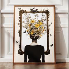 a woman's head with flowers in the frame