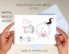 two hands holding up a card that says, personalized baby birth stats