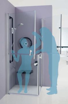 a man is standing in front of a shower with the door open and his reflection on the wall