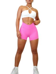 Description: Stay trendy and comfortable with these Low Back V Pocket Scrunch Shorts. Crafted with a flattering V-back and pockets along with a subtle scrunch, these sexy yet elegant shorts are sure to be your favorite. All of our leggings are made out of high quality nylon and spandex. Expect VERY comfortable, soft, and breathable fabric on your skin. Unlike cheap polyester leggings, these leggings do not slide down as you move and instead forms your figure all day. From shopping, working, goin Elegant Shorts, Scrunch Shorts, Favorite Leggings, White Sports Bra, Back Pocket, Nice Day, Sports Bras, Low Back, Neon Pink