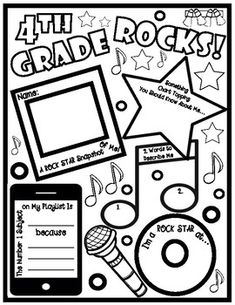 the fourth grade rocks coloring page with music notes, microphones and other musical instruments