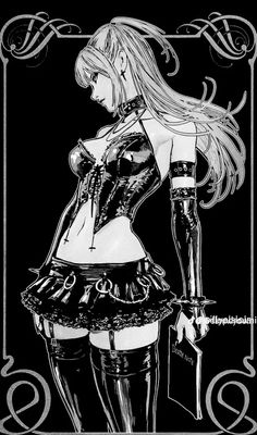 a black and white drawing of a woman with long hair wearing a corset