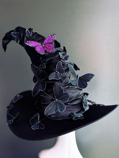 Handcrafted with love and attention to detail, this Witches Hat with Veil fits adults and can be customized in amazing array of Butterfly Colors! The Veil is Black. Simple and comfortable witch hat with butterflies in different size variations.  C U S T O M I Z A T I O N Get in touch for custom orders! S I Z E  Adult size.  S H I P P I N G -  Processed same day or within 24 hours.  1-2 day guaranteed delivery, add item to cart, click shipping tab for rates.  Pls leave a check out note with your Decorating Witch Hat Ideas, Witch’s Hat, Diy Witch Hat Decoration, Decorated Witches Hats, Witch Hat Ideas, Witch Hats Diy, Witch Costume Aesthetic, Forest Witch Costume, Witch Costumes For Women