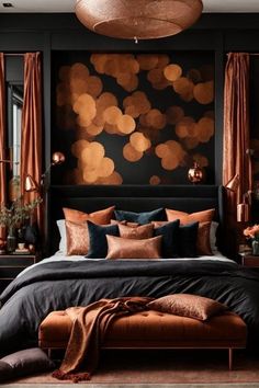 a bedroom with black walls and orange curtains, gold foiled circles on the wall