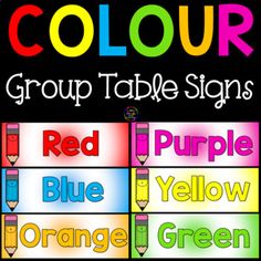 four color group table signs with pencils and crayons on the back ground