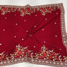 Unique Red Velvet Shawl with Gold Embroidery, Handwork Flowers and Scalloped Border | Red Dupatta | Indian Wedding Outfit | Gift for Mom A stunning velvet shawl with delicate embroidery and beautiful  stonework. This is a stunning addition to your Indian outfit collection!  Dimensions: 36.5 inches width x 95 inches length (0.9 m x 2.4 m) Shop more dupattas here: https://www.etsy.com/ca/shop/JewelsByJazzyToronto?ref=seller-platform-mcnav&section_id=22223144 *Please Note* Processing time will take 2-3 days once your order has been placed. Shipping time varies by location (5 days - 3 weeks). Please send me a message if you need your order urgently processed before this time. FREE SHIPPING across Canada on orders over $150 CAD. FREE SHIPPING to USA with minimum order $35 USD. Message me on Ins Red Shawl With Intricate Embroidery In Traditional Drape, Red Shawl With Intricate Embroidery, Red Shawl With Resham Embroidery In Traditional Drape, Red Pashmina Shawl With Resham Embroidery, Red Shawl With Intricate Embroidery For Festivals, Traditional Red Embroidered Shawl, Red Embroidered Shawl In Traditional Drape, Festive Red Shawl With Intricate Embroidery, Red Semi-stitched Traditional Wear With Floral Embroidery