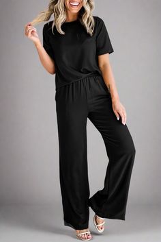 2pc Casual Everyday T-Shirt and Wide Leg Pants Set | LIKI BRAND Stretch Solid Color Short Sleeve Set, Solid Color Stretch Sets For Workwear, Stretch Solid Color Sets For Workwear, Stretch Solid Color Workwear Sets, Casual Short Sleeve Sets, Casual Short Sleeve Plain Sets, Casual Plain Short Sleeve Sets, Solid Two-piece Pant Set For Work, Casual Black Sets With Long Pants