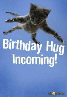 a cat is flying through the air with its paws in the air and it says, birthday hug incoming