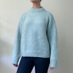 New With Tags, H&M Cozy And Warm Light Blue Mock Turtleneck Oversized Sweater. 90% Recycled Polyester, 5% Wool, 3% Alpaca, 2% Elastane Tag Reads Small, But Could Easily Fit A Medium. Machine Wash Cold, Gentle Cycle Bust: 47" Waist: 45" Length: 23" Sleeve (Pit To Wrist): 18" Blue Funnel Neck Sweater For Layering, Blue Funnel Neck Sweater With Ribbed Cuffs, Oversized Blue Turtleneck Sweater, Casual Blue High Neck Sweater, Blue Oversized Turtleneck Sweater, Cozy Blue High Neck Sweater, Blue Sweater With Ribbed Cuffs For Everyday, Blue Sweater With Ribbed Cuffs, Blue Relaxed Fit Sweater For Everyday