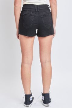 There's a lot to love about our easy, breezy, booty-full Women's WannaBettaButt High-Rise Frayed Hem Shorts. One of our most popular WBB styles, this high-waisted denim short features our signature heart-shaped stitching and perfectly placed pockets for a natural butt-lift that highlights you curves. Detailed with a classic five-pocket construction, front zip with single button closure, and a frayed hem for that added edge. Pair with a fitted tank top and heels for a warm-weather look, or with a leather jacket and booties to channel your inner baddie! Measurement (Based on size 5)- Inseam: 2.5” - Rise (To top edge of band): 10” - Leg Opening: 22” - Model is wearing size 3 Machine wash cold. 75% Cotton/ 23% Polyester/ 1% Rayon/ 1% Spandex (Color: 1430M) Casual Mid-rise Bottoms For Day Out, Casual Mid-rise Bottoms With Built-in Shorts, Trendy Short Cotton Bottoms, Trendy Cotton Short Bottoms, Trendy Stretch Jean Shorts, Trendy Stretch Jean Shorts With Short Legs, Stretch Mid-rise Casual Shorts, Cotton Bottoms With Frayed Hem For Beach, Cotton Beach Bottoms With Frayed Hem