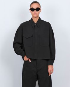 Black;Model is 5' 9" wearing size B (Medium) Oversize Collar, Time Limit, Pleated Sleeves, Black B, Winter Fits, Pearl Buttons, Crepe Fabric, Medium Weight, Button Up