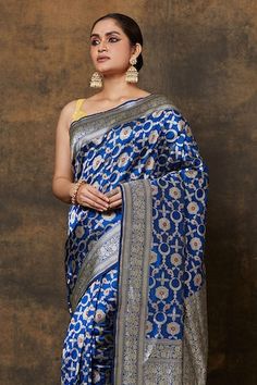 Blue banarasi silk saree with woven floral, paisley, half-moon patterns and checkered border. Comes with running blouse fabric. - Aza Fashions Blue Banarasi Silk Saree, Sarees Banarasi, Banarasi Silk Saree, Moon Pattern, Blue Saree, Banarasi Sarees, Blouse Fabric, Sarees Online, Blouse Piece