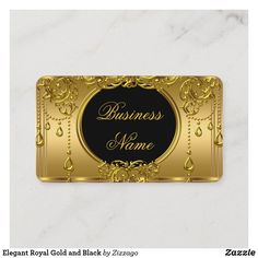 a business name on a gold and black background with an ornate frame in the middle