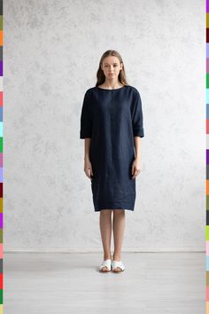 SUPER SALE -50%. Limited quantity. Handmade just for you in 2-5 days. ----------------------------------------------------------- Linen dress from linocolore. 100% pure Italian linen. One of the finest linen in the world. Rich silky velvet feeling. Extra soft with natural wrinkles. Double stonewashed (before and after the order is made). Medium weight. OEKO TEX 100 certified.  This item color is Blue Dark Other available colors are (see color chart in photos): - White - Black - Natural - Gray Dark - Blue Light - Purple Light - Lemon - Terracotta - Khaki - Blue Dark - Green - Brown Light - Red - Pink Light - Blue - Pink - Sand - Gray - Gray Light - Aquamarine - Violet - Gold - Salmon - Chocolate Available sizes (see size chart in photos): XXS, XS, S, M, L, XL, XXL. Other sizes or made-to-me Summer Workwear Indigo Dress, Indigo Dresses For Summer Workwear, Blue Tunic Dress With Relaxed Fit, Blue Relaxed Fit Tunic Dress, Elegant Blue Linen Workwear Dress, Elegant Blue Linen Dress For Work, Elegant Blue Knee-length Linen Dress, Blue Linen Knee-length Dress With Relaxed Fit, Blue Knee-length Linen Dress With Relaxed Fit