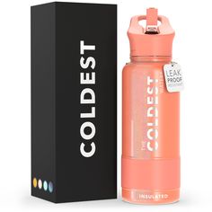 an insulated water bottle in front of a box with the words coldest on it