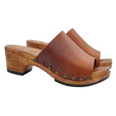 Low Brown Clogs With Wide Leather Band Made in Italy MY200 - Etsy Brown Clogs, Leather Clog, Brown Leather Heels, Clog Sandals, Leather Clogs, Heels & Wedges, Slides Shoes, Hippie Chic, Brown Wood