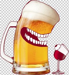 a beer mug with teeth on it and a wine glass in the foreground transparent background png clipart