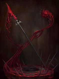 an artistic painting of two swords with red streaks on them, in front of a dark background