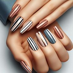 #StripedNails #NailArt #NailDesign #StripesOnNails #BoldNails #ChicNailArt #CreativeNails #NailInspo #FashionNails #StripedManicure Stripped Nails, Modern Nails, Floral Nail Art, Blue Nail Designs, Simple Nail Art Designs, Halloween Nail Designs, Floral Nails