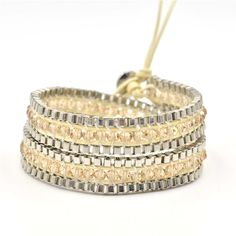 Champagne Crystals on Ivory Leather Wrap Bracelet Luxury Adjustable Beaded Bracelets For Party, Adjustable Gold Leather Bracelet For Party, Adjustable Gold Leather Bracelet Chic Style, Adjustable Gold Leather Chic Bracelet, Elegant Adjustable Cream Jewelry, Chic Adjustable Cream Jewelry, Elegant Beaded Leather Bracelet Gift, Chic Adjustable Leather Bracelet For Parties, Adjustable Cream Jewelry For Parties