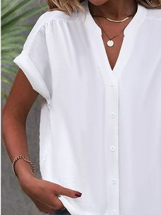 Plain Stand Collar Casual Loose Blouse | justfashionnow Plain V-neck Shirt For Summer, Plain Button-up Summer Blouse, Relaxed Fit V-neck Plain Blouse, Relaxed Fit V-neck Blouse, V-neck Relaxed Fit Plain Blouse, Plain V-neck Relaxed Fit Blouse, Summer V-neck Solid Color Tops, Relaxed Fit V-neck Summer Shirt, Plain Summer Workwear Tops