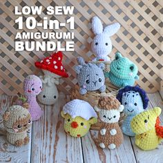 crochet amigurmi bunnies are sitting on a table with the text low sew 10 - in - 1 amigurum bundle