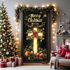 christmas decorations and presents are arranged in front of a door with the word merry christmas written on it