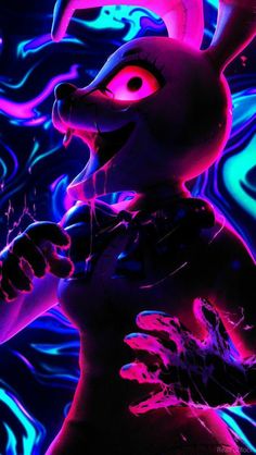 an animated rabbit with glowing pink and blue lights on it's chest, standing in front of a neon background