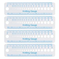 four sewing gauges are shown with the words knitting gauge written in blue on them