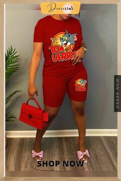 Cartoon Print Short Sleeve T-shirts Two Piece Short Sets Red Cartoon Print Top For Summer, Red Cartoon Print Tops For Summer, Casual Tan Tops For Summer, Casual Tan Summer Top, Tan Casual Summer Tops, Two Piece Short Set, Cartoon Print, 1 Million, Ladies Tops Fashion