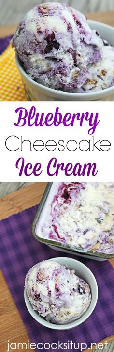 blueberry cheesecake ice cream is in a bowl