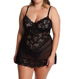 Your night is bound to end in romance when you wear this ultra sexy lingerie set. Underwire chemise is fine mesh with gallon lace at bodice and hem. Comes with matching mid-rise G-string. Unlined (unpadded) underwire cups are sheer lace with angled darts to keep breasts centered. Underwire has soft-backing for added comfort. Flirty V-neckline has elastic edge with scalloped trim. Chemise has galloon lace inset at center front. Back and lower front are see-through fine mesh. Scalloped lace hem re Coquette Chemise With Built-in Bra For Night, Coquette Spaghetti Straps Chemise, Flirty Night Chemise With Built-in Bra, Black Lace Underwire Sleepwear, Fine Mesh, Scalloped Trim, Lace Inset, Lace Hem, Scalloped Lace