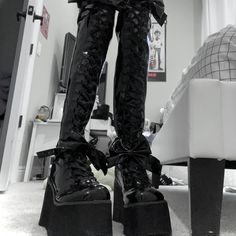 Shiny Black 6” Platform Thigh High Boots , So Pretty And Fit So Will I Just Never Have The Occasion To Wear Them, Worn Once, Subtle Scuffs On The Bottom Shoes Demonia, Platform Thigh High Boots, So Will I, Demonia Boots, Gothic Princess, Demonia Shoes, Thigh High Boots, Thigh High, Over The Knee Boots