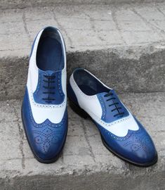 Crafted Leather Bespoke Handmade Men Dress Shoes Blue White Leather Wingtip Oxford on Storenvy Blue Dress Shoes, Quality Leather Boots, Wingtip Oxford Shoes, Men Dress Shoes, Wingtip Shoes, Custom Design Shoes, Handmade Leather Shoes, Wingtip Oxford, Blue And White Style