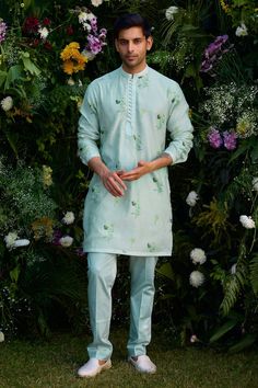 Aqua blue cotton silk kurta with floral hand block print. Comes with trouser. - Aza Fashions Cotton Kurta With Block Print For Wedding, Cotton Kurta With Printed Motifs For Wedding, Cotton Block Print Kurta For Wedding, Designer Cotton Lawn Suit For Summer, Wedding Unstitched Cotton Suit With Block Print, Cotton Sherwani With Naqshi For Festivals, Festival Cotton Sherwani With Naqshi, Floral Print Cotton Unstitched Suit For Festivals, Cotton Naqshi Sets For Festive Occasions