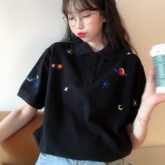 Planet Embroidered Polo Loose Shirt Black Embroidered Top With Collar, Embroidered Tops With Relaxed Fit, Embroidered Cotton Collar Tops, Embroidered Cotton Collared Tops, Kawaii Harajuku Fashion, Fashion Kpop, Teen Outfits, Kawaii Harajuku, Loose Shirt