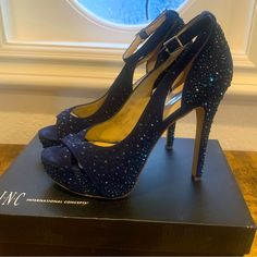 Worn Once With Box Dark Blue Suede With Dark Blue Rhinestones Ankle Strap Size-7.5 Heels 5 Inches Rare No Longer Made Midnight Blue Shoes, Crystal High Heels, Blue Rhinestones, Blue Suede, Blue Crystals, Blue Shoes, Inc International Concepts, Midnight Blue, Shoes Women Heels